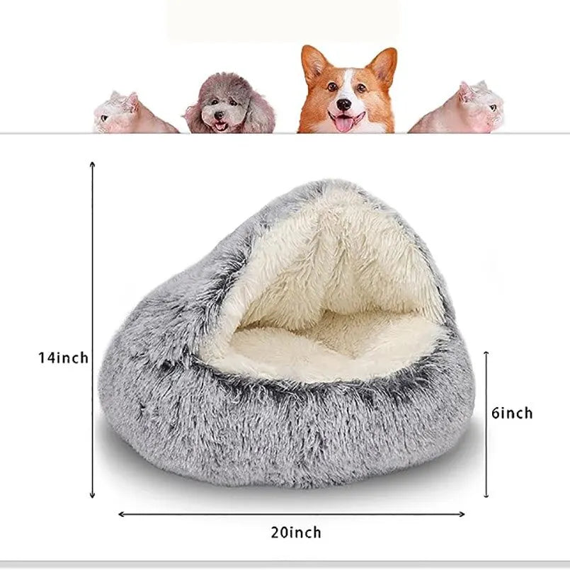 Soft Plush Pet Bed showing a cozy gray pet bed with soft lining, ideal for dogs and cats, dimensions 20x14x6 inches.
